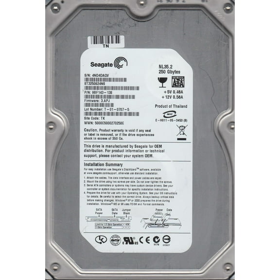 ST3250624NS, 4ND, TK, PN 9BF143-138, FW 3.APJ, Seagate 250GB SATA 3.5 Hard Drive