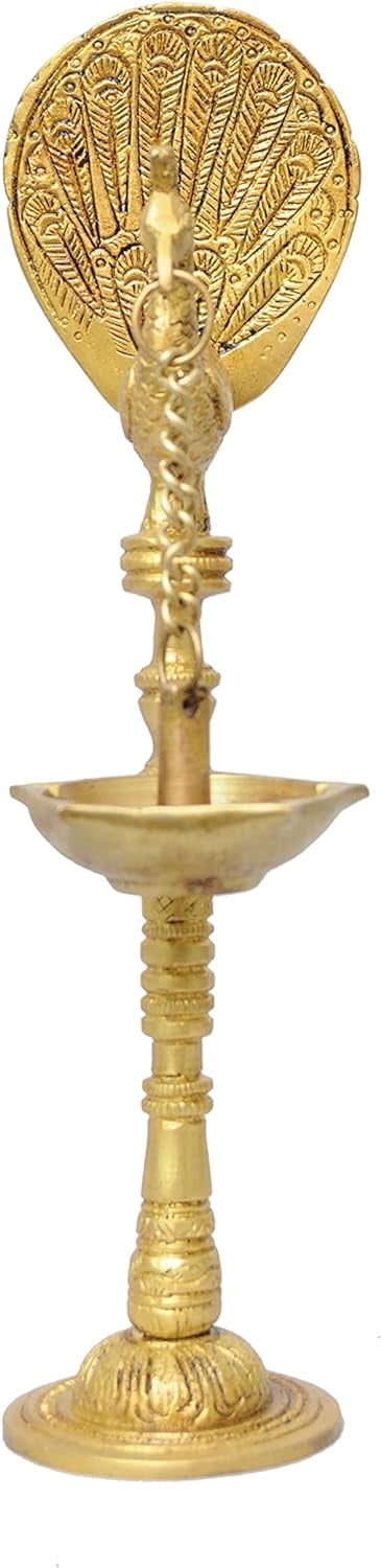 PARIJAT HANDICRAFT Handmade Indian puja Golden Peacock Five Wicks Oil lamp for Diwali Pooja Article akhand Diya for Pooja Purpose