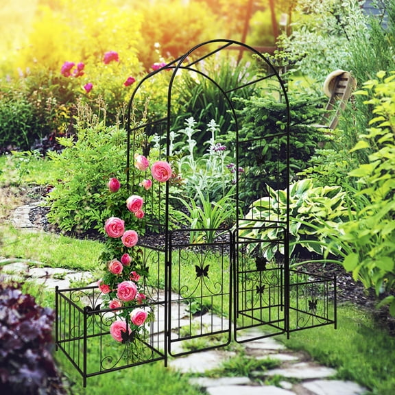 Olurrisa Metal Garden Arch with Gate 86.7" Metal Trellis for Outdoor Plants - Pre-Drilled Easy Setup, Rust-Resistant Decorative Grid with Leaf & Flower Motifs