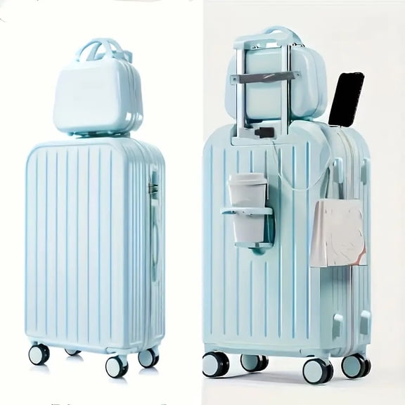 JUIKURY 20 Inch Suitcase Hard Shell Spinner Wheel Luggage with USB Port and Cup Holder, Password Lock Luggage, Blue