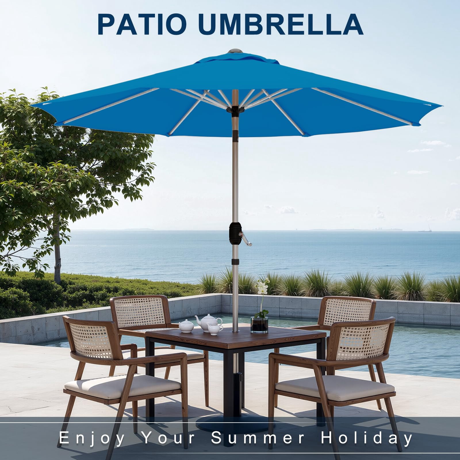 10FT Aluminum Outdoor Patio Umbrella, Fade-Resistant Market Umbrella with Push Button Tilt Function, 8 Sturdy All-Aluminum Ribs for Gardens, Patios, Backyards & Pools (Royal Blue)