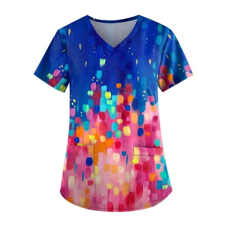 

Yubatuo Independence Day Women Plus Size Scrubs Top with Pockets V-Neck Short Sleeve Printed Work Blouse for Women Dark Blue S