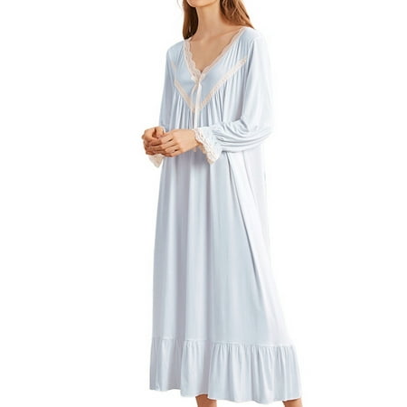 

Homgro Women s Cotton Victorian Nightgown Lace Bishop Long Sleeve Sleep Shirt Soft Vintage Frilly Ruffle Hem V Neck Loose Fit Tea Length Princess Long Pajama Dress Sleepwear Blue Medium