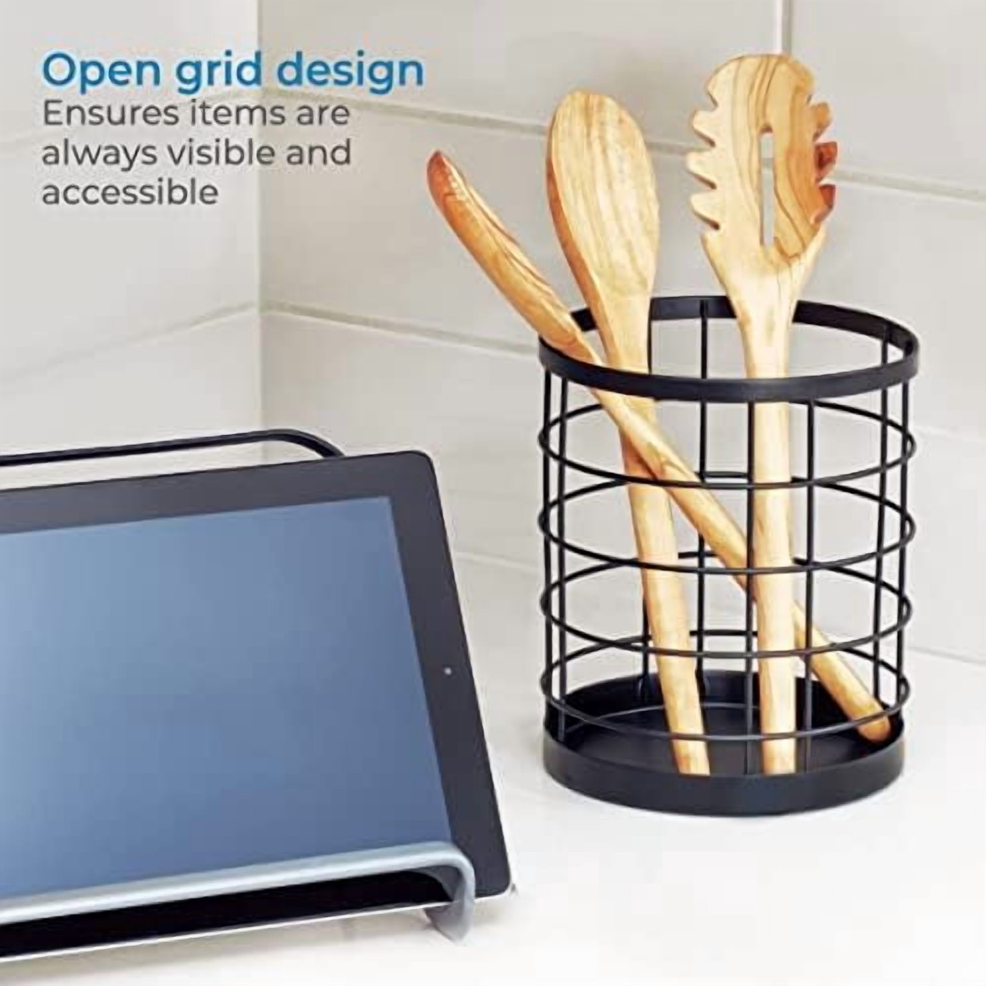 Kitchen Crock for Utensils - Steel Kitchen Crock Utensil Holder for Countertop - Matte Black