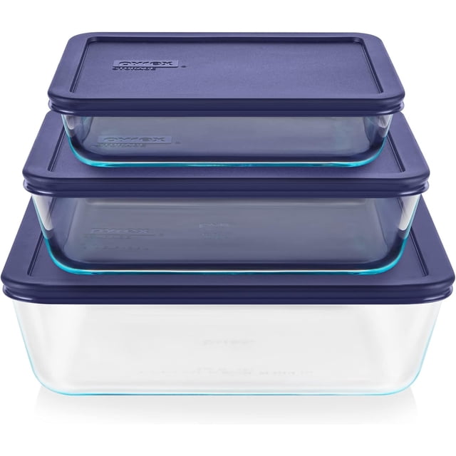 Pyrex Simply Store - Juego de 3 recipientes rectangulares de vidrio para almacenamiento de alimentos, 3, 6 y 11 tazas, recipientes para preparación de comidas con tapas sin BPA, aptos para