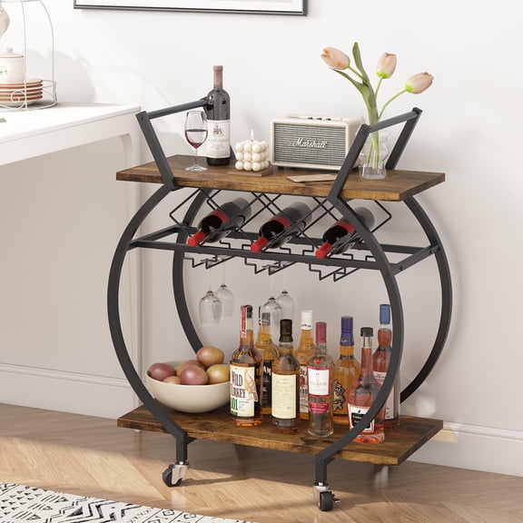 Brown Round Bar Carts with Wine Rack and Wheels,2 Tiers Modern Metal Round Wine Cart,Rolling Home Serving Cart ，Industrial Mobile Storage Kitchen Trolley for Kitchen, Bar, Living Room
