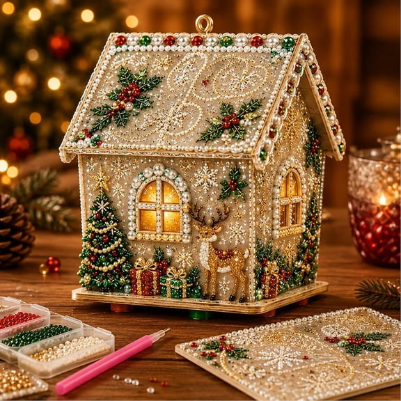 HaCpiu 3D Light-Up Christmas House Diamond Painting Kit, DIY Wooden Pearl Art Craft Set, Handmade Holiday Tabletop Decor & Ornament Gift