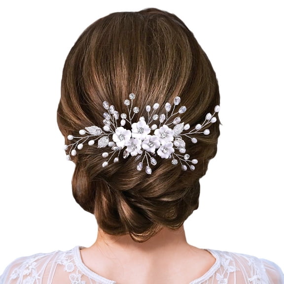 Flower Bride Wedding Hair Comb Pearl Bridal Side Comb Crystal Hair Piece Leaf Hair Accessories for Women and Girls (Silver)