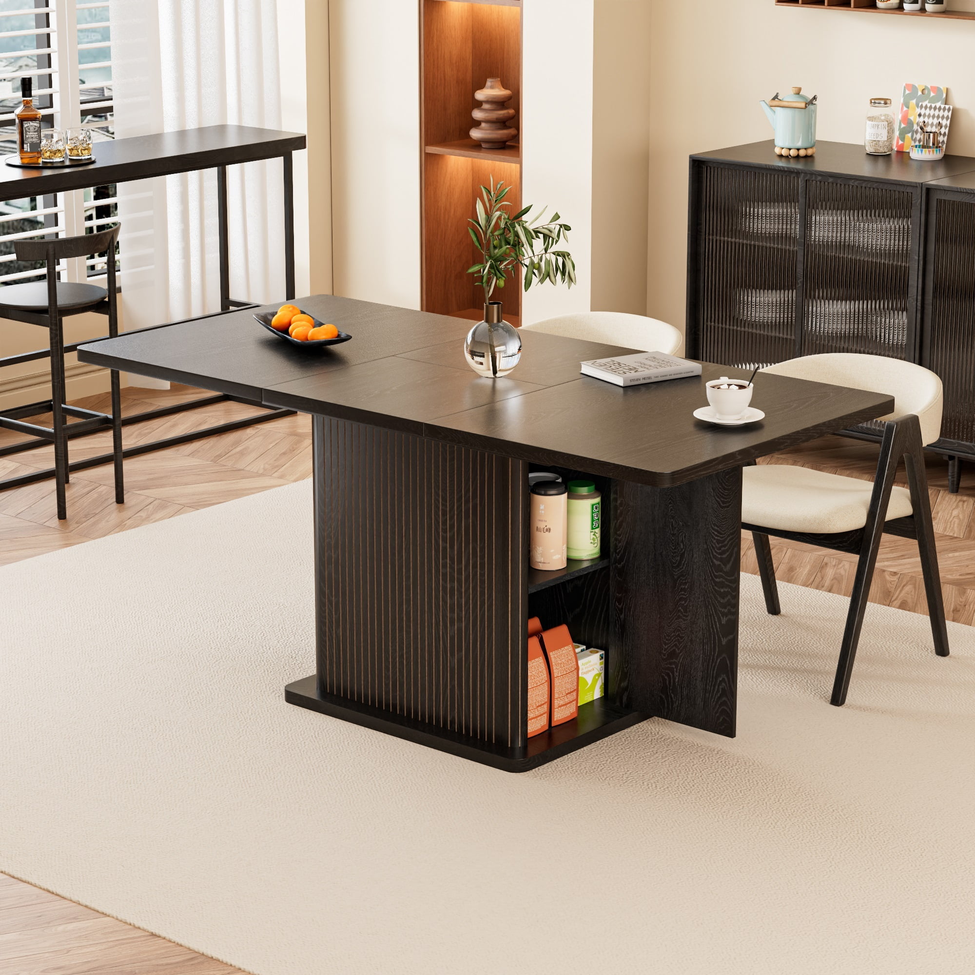 Extendable Dining Table for 4-8, Rectangle Dining Room Table with Storage, Modern Kitchen Table for Dinner, Living Room, Black