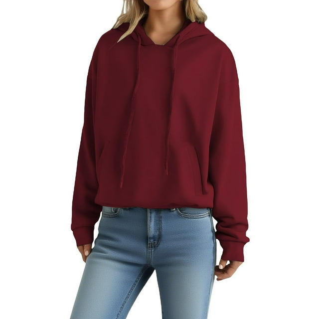 Dagegui Women's Drawstring Hoodies Fleece Hooded Pockets Sweatshirts Solid Color Winter Running Athletic Pullover Tops Wine L