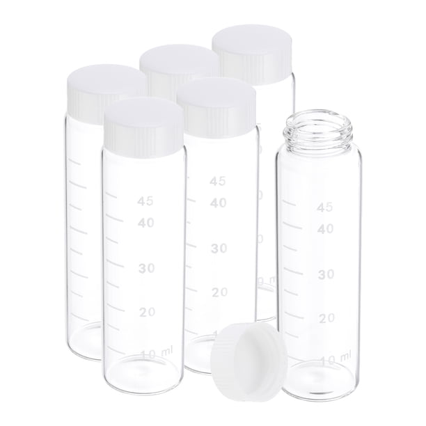 Uxcell 6Pcs 50ml pequeños frascos de vidrio transparente con tapa de rosca blanca, botellas de muestra graduadas de vidrio borosilicato