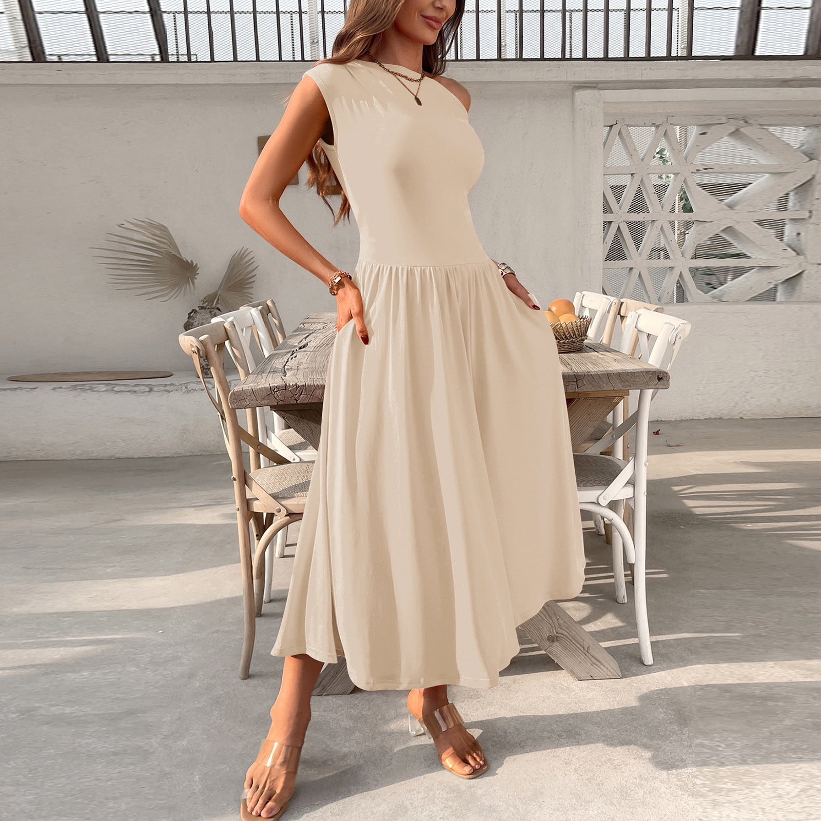 SMihono Trendy Women's Fashion Collared Summer Long Dresses Pleated Flowing Hem Loose Maxi Dress Elegant Beach Clothes Beige M