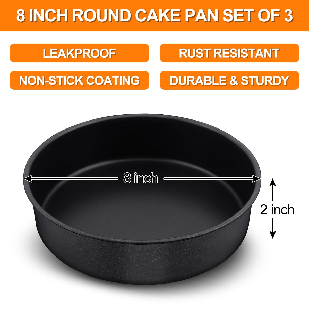 8 Inch Round Cake Pan Set, P&P CHEF 3 Piece Non-Stick Cake Baking Pans for  Birthday Wedding Layer Cakes, Stainless Steel Core & One-piece Design