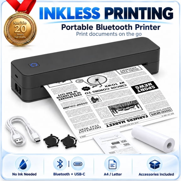 Inkless Portable Printer for Travel, Small Design with Bluetooth & USB-C, A4/Letter