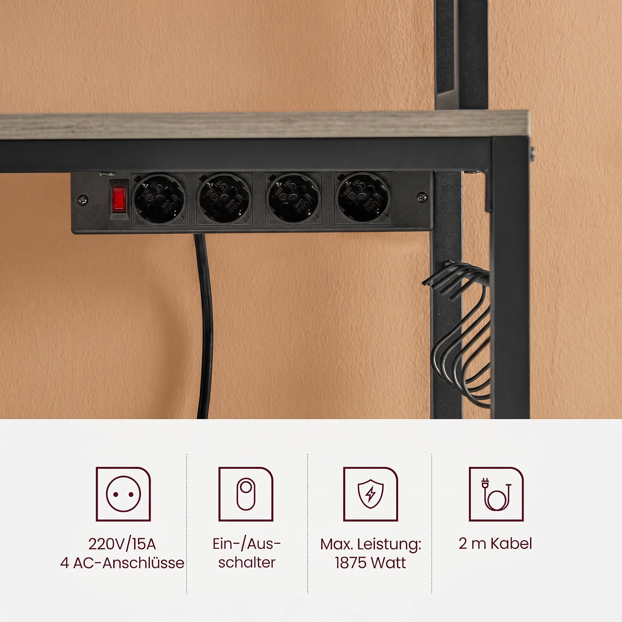 Nordic Hygge 66.9 in. Tall Bakers Rack with Power Outlet, Greige and Black