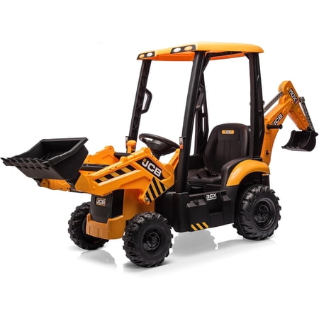 12V Kids Ride on Excavator Digger Toy Cars, JCB Battery Powered Electric Tractor with Remote Control, Ride on Construction Truck w/Adjustable Front and Back Loader for 3-6 Boys Girls, Yellow