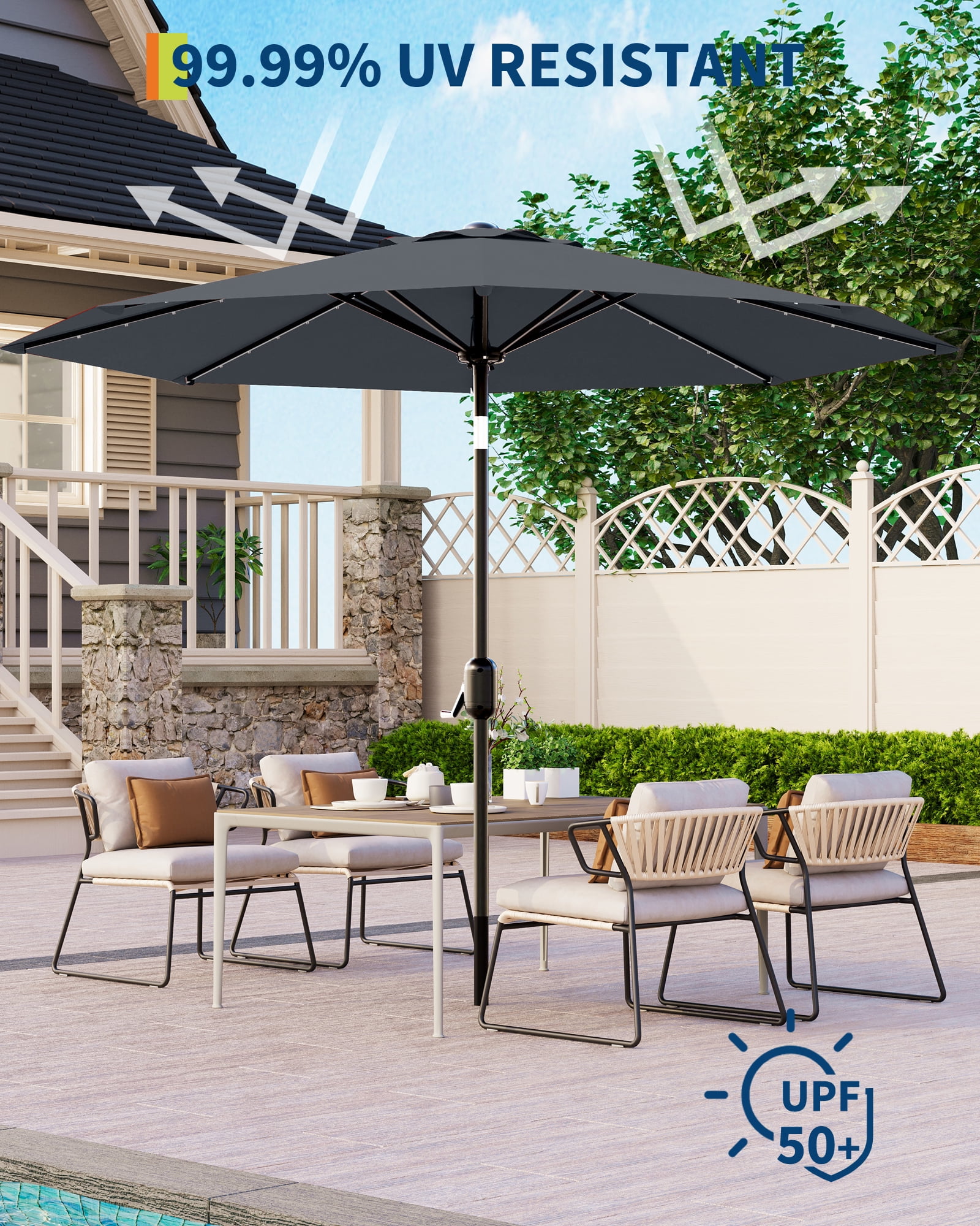 10 Ft Patio Umbrella With Solar Lights, 8 Sturdy Ribs, Table Umbrella with Push Button Tilt and Crank, UV Protection Waterproof, for Garden, Backyard, Poolside