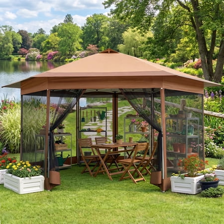 HOTEEL 16' x 16' Hexagon Pop-Up Gazebo Patio Outdoor Canopy Tent with Netting, Adjustable Height and 256 Square ft of Shade for Garden, Party, Backyard with Vented Top, Brown