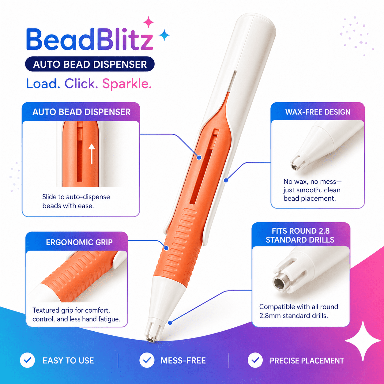 BeadBlitz Automatic Diamond Painting Pen, Reloadable Bead Dispenser for Round 2.8mm Standard Drills, Wax-Free Diamond Art Placement Tool with Silicone Loading Tray