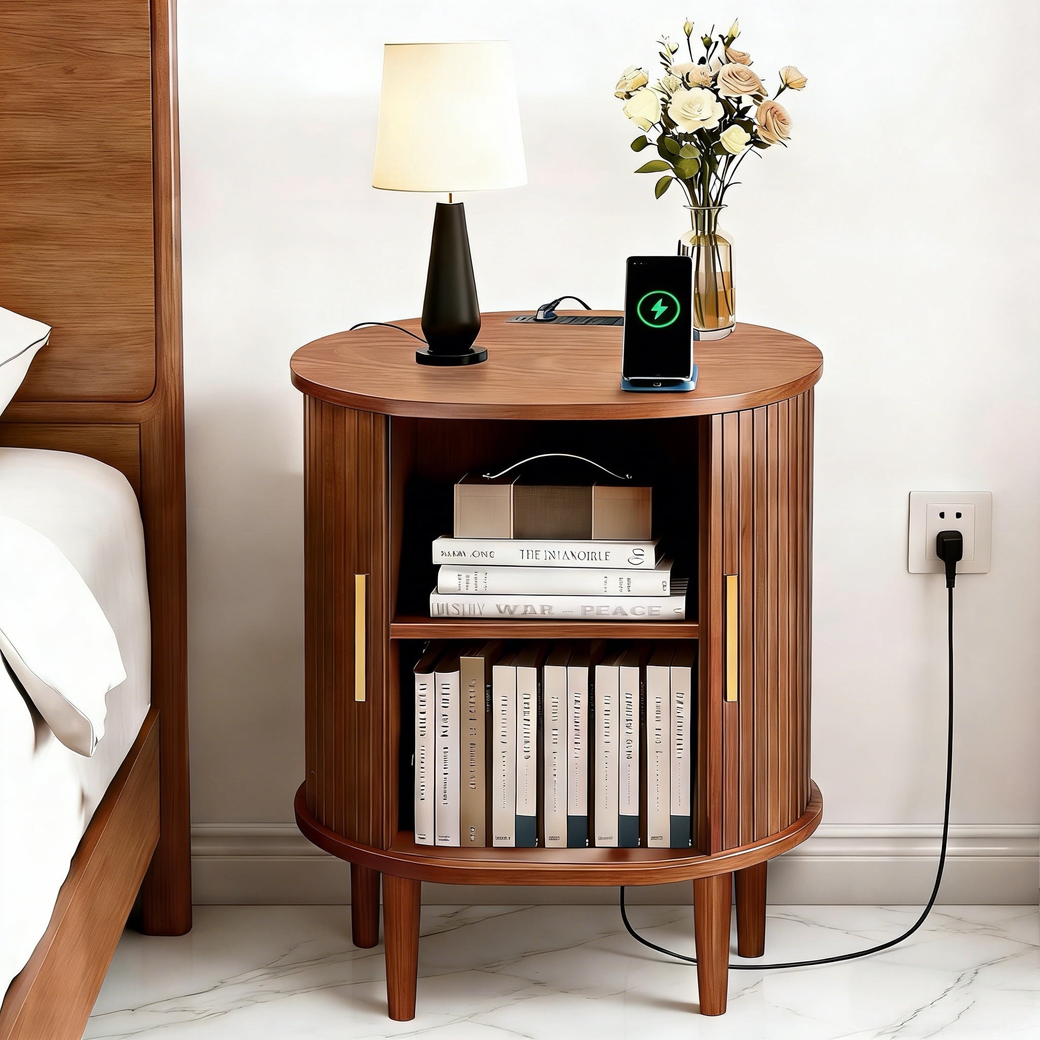 Aisword Nightstand with Charging Station, Fluted Accent Side Table with Sliding Door and Adjustable Shelf, End Table for Small Space, Walnut