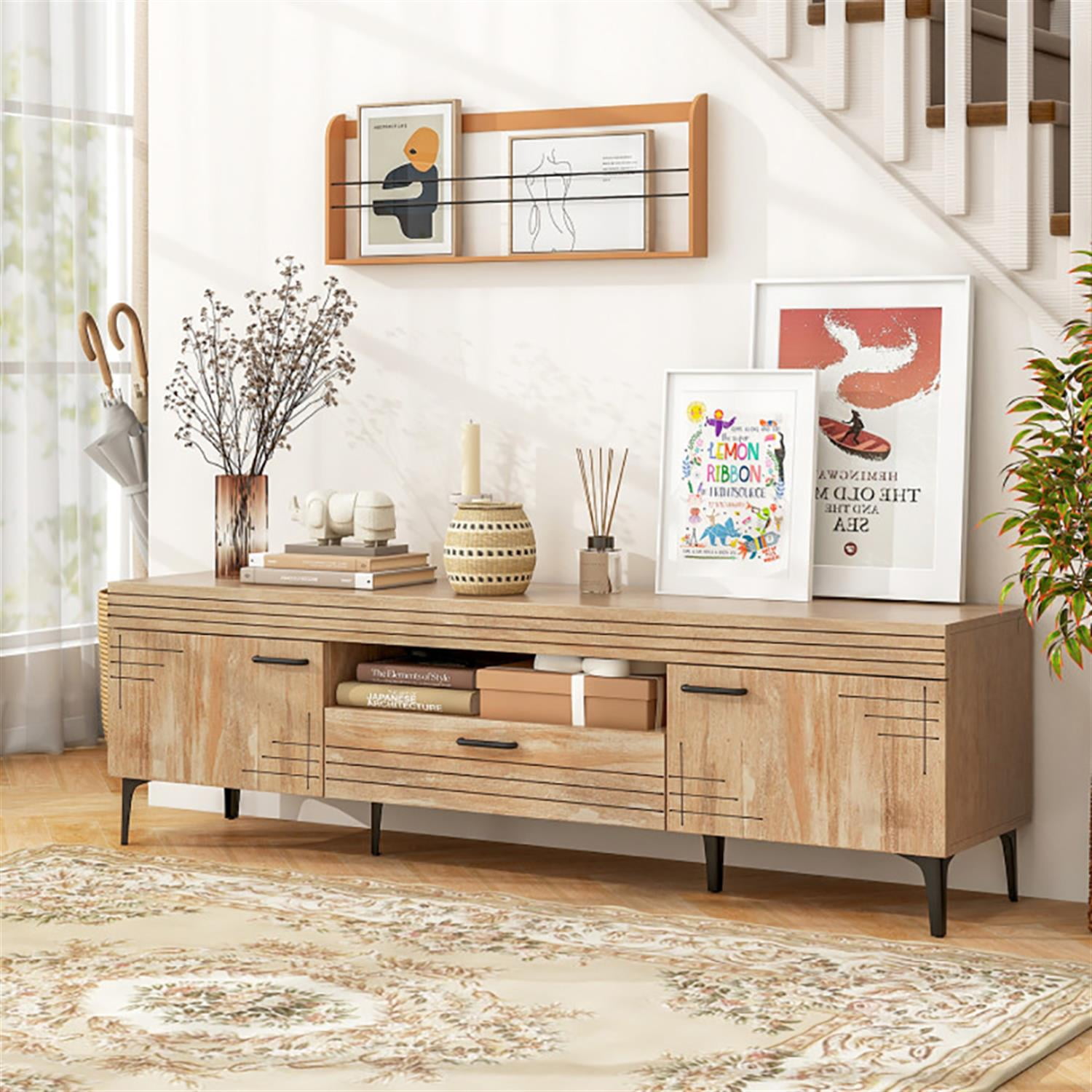 Demi Bonn TV Stand for 65" TVs, Entertainment Center with 2 Cabinets and Storage Drawer, Modern Media TV Console Table for Living Room Bedroom, Beige