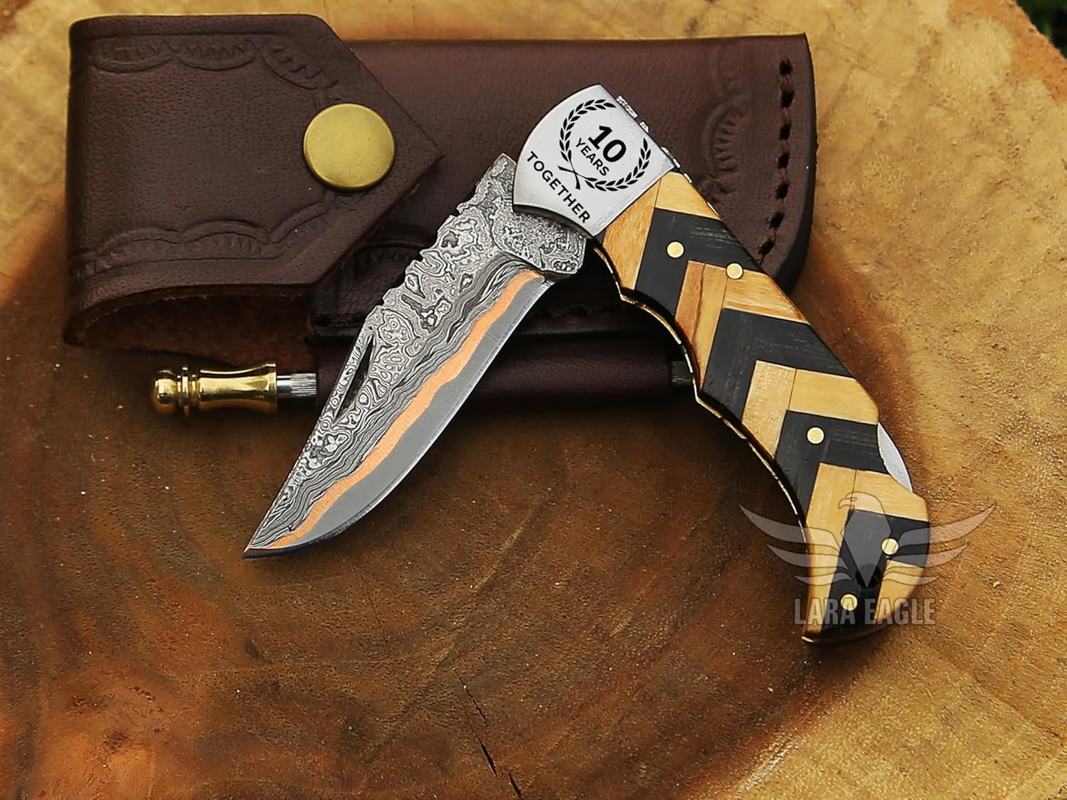 Copper Damascus Pocket Knife – Olive & Black Handle, Folding Tactical Hunting Knife with Sheath & Sharpener – Perfect for Outdoor Use