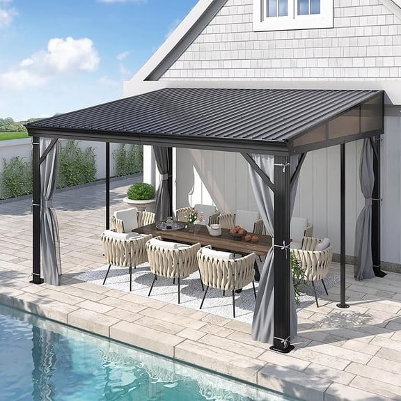 Howsvn 10x12 ft Lean-to Hardtop Gazebo for Patio - Aluminum Frame Gazebos Pergola with Sloping Metal Roof, Outdoor Wall-Mounted Canopy Awnings to House for Patio, Garden, Lawn, Backyard Deck