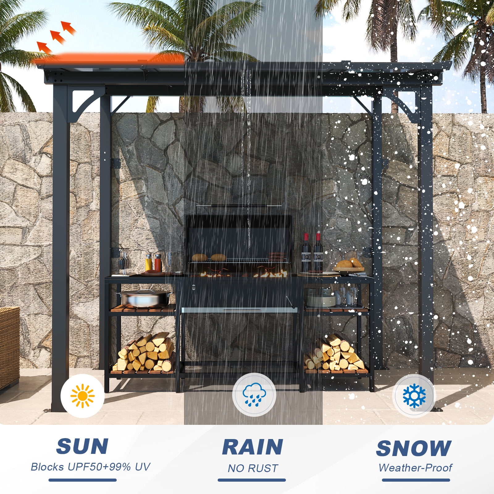 MEISSALIVVE 5' x 8' Hardtop Wall Mounted Gazebo Pergola, Lean-to Metal Awning with Sloped Roof, Outdoor Shelter for Patio, Deck, Backyard, Black