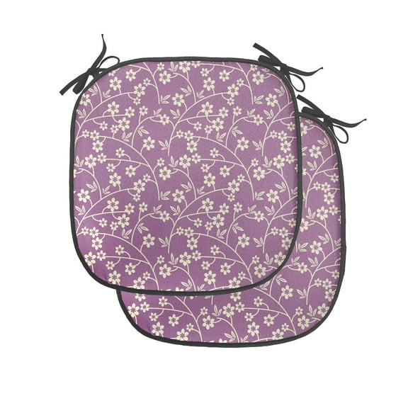 Floral Chair Seating Cushion Set of 2, Continuous Pattern with Monochrome Flowers on Thin Branches, Seat Pads for Office with Anti-slip Backing, 16"x16", Pale Purple and Cream, by Ambesonne
