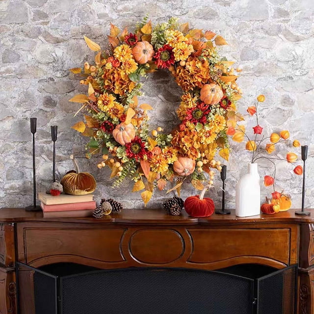 Caja De Almacenamiento De Cocina 1 corona de hortensias artificiales de calabaza y bayas para decoración navideña de otoño y Acción de Gracias, 50 x 50 cm Yulucky