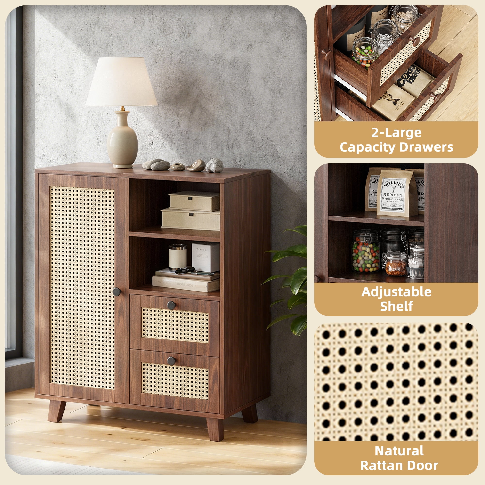 MAYEERTY Rattan Sideboard Cabinet with Drawers & Adjustable Shelf, Versatile Storage for Kitchen & Entryway, Walnut