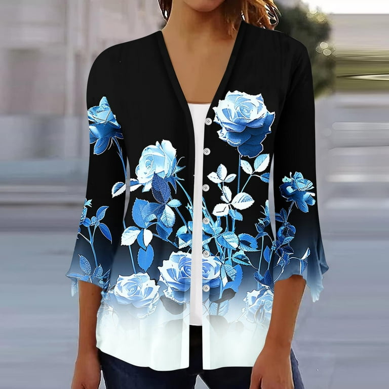 QATAINLAV Lightweight Cardigans for Women 3/4 Sleeve Floral Print