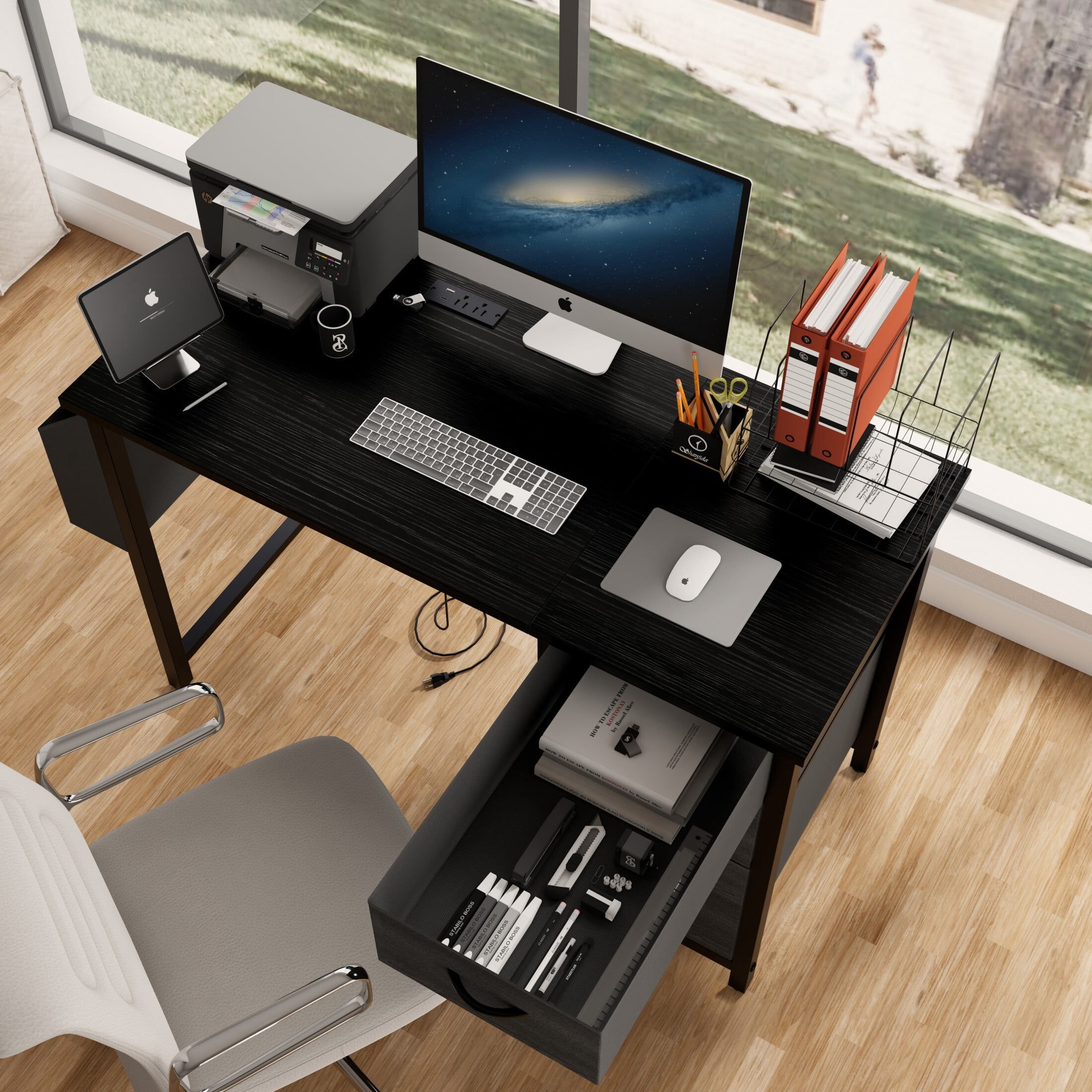 DEALTOPS Computer Desk with Power Outlets, Office desk with Reversible Fabric Drawers and Side Pocket, Black