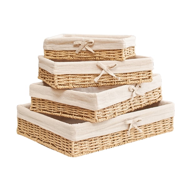 4pcs almacenamiento cesta de paja tejido de paja SUNDRIES Organizador de mesa de escritorio