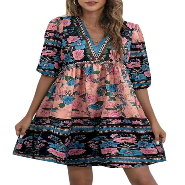 Robe Imprimée Boho Vintage Florale Style Ethnique Robe de Plage Manches Longues Décontractée Rouge Bleu Jaune m