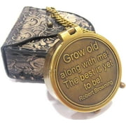 NauticalMart Grow Old Along with Me Engraved Brass Compass with Chain and Leather case Gift for Wedding, Anniversary, Baptism, Retirement, or Christmas - Vintage Style Working Compass