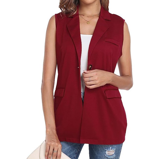 Vestes d'Automne et d'Hiver pour Femmes, Cardigan Sans Manches Décontracté à devant Ouvert, Gilet Cardigan à Simple Boutonnage avec Poches Rouge