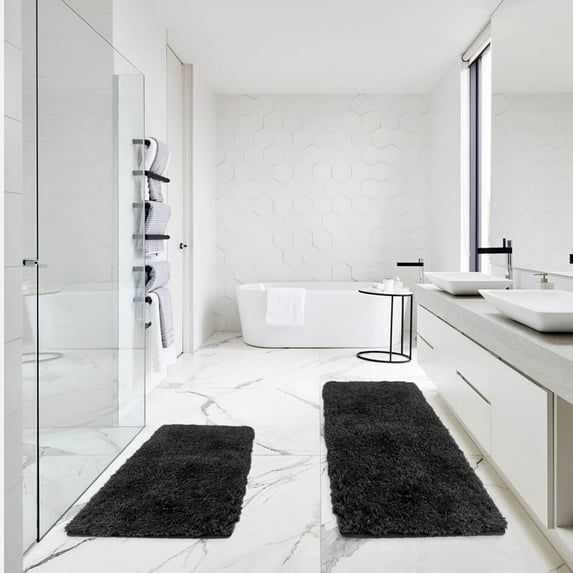 Microfiber Bathroom Rugs 2 Pieces, Non-Slip Machine Wash Shower Bathroom Rugs and Mats Sets for Bathroom, Black