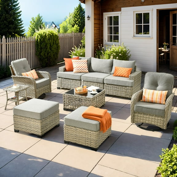XIZZI Wicker Outdoor Patio Furniture 9 Pieces All-Weather Rattan Conversation Set High Back Patio Sectional Sofa with Swivel Chairs for Backyard, Dark Gray