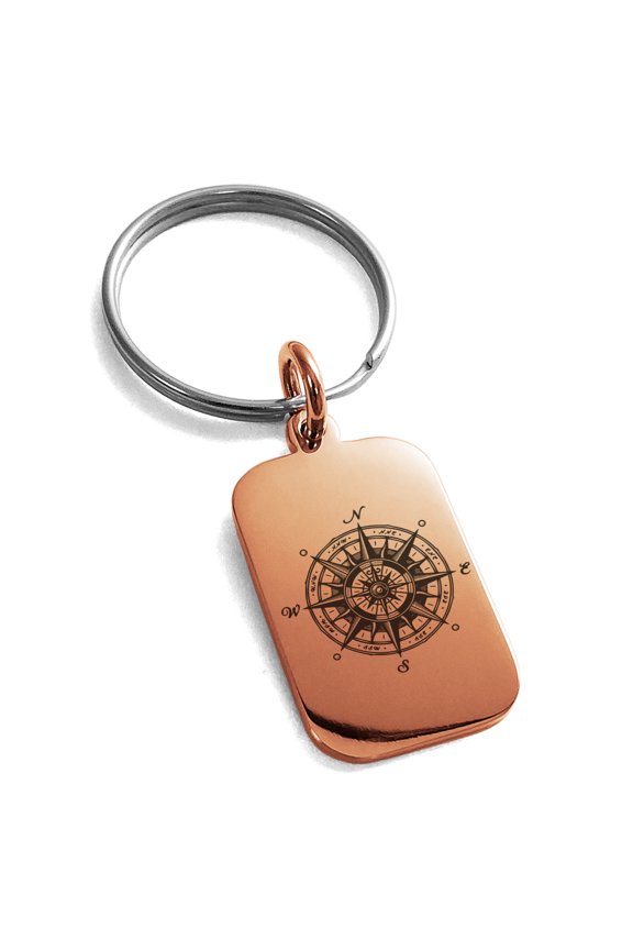 Stainless Steel Nautical Vintage Compass Engraved Small Rectangle Dog Tag Charm Keychain Keyring