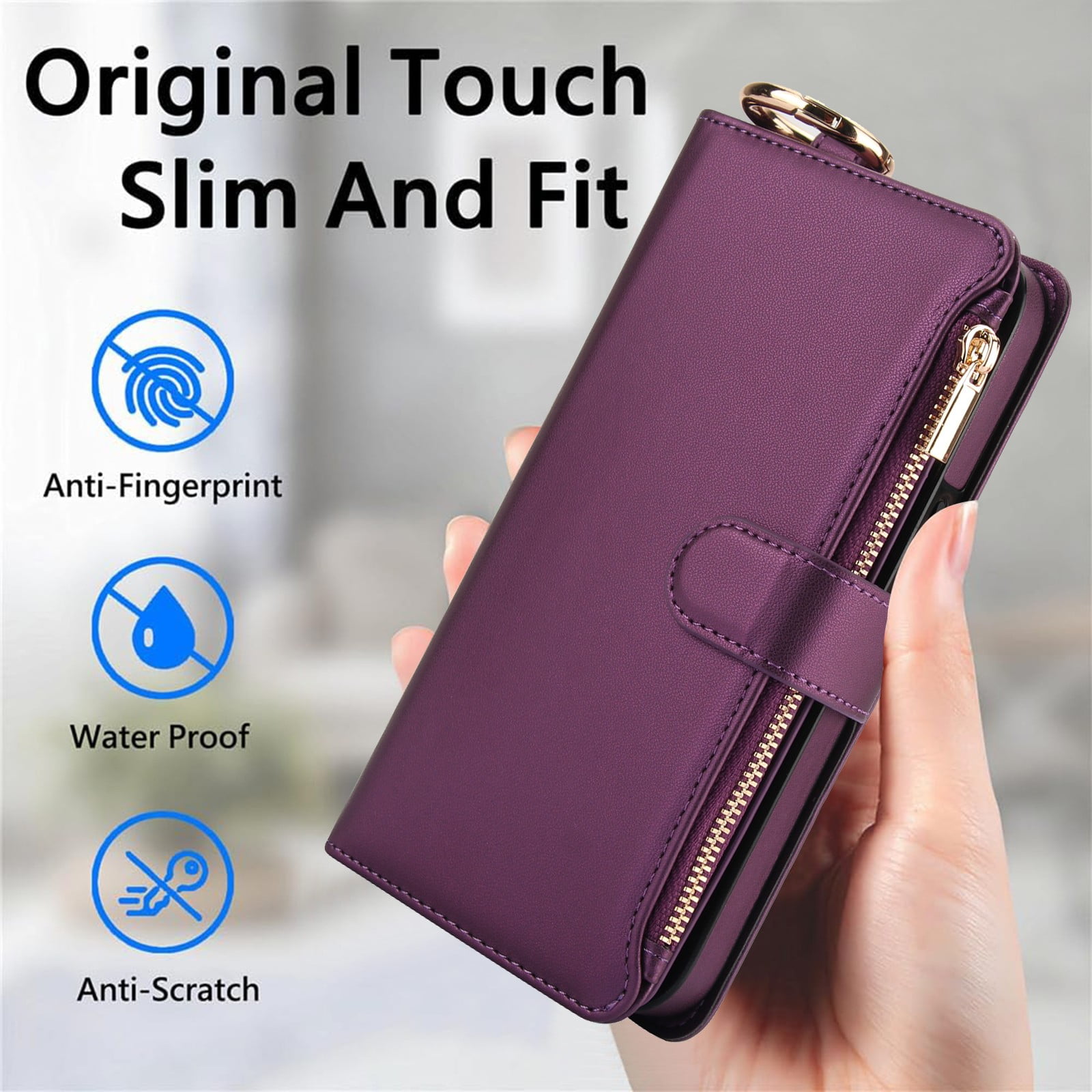 ELEHOLD For iPhone 13 Phone Case Leather Crossbody Zipper Card Wallet Flip Case Kickstand Cover, with Ring Holder,Full Body Protection-Deeppurple