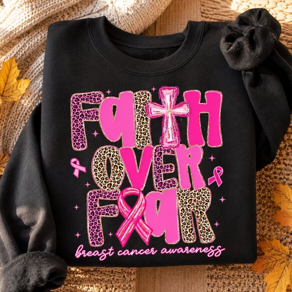 Breast Cancer Awareness Shirt, Faith Over Fear Sweatshirt, Pink Ribbon Leopard Print Hoodie and T-Shirt, October Support Gift for Women