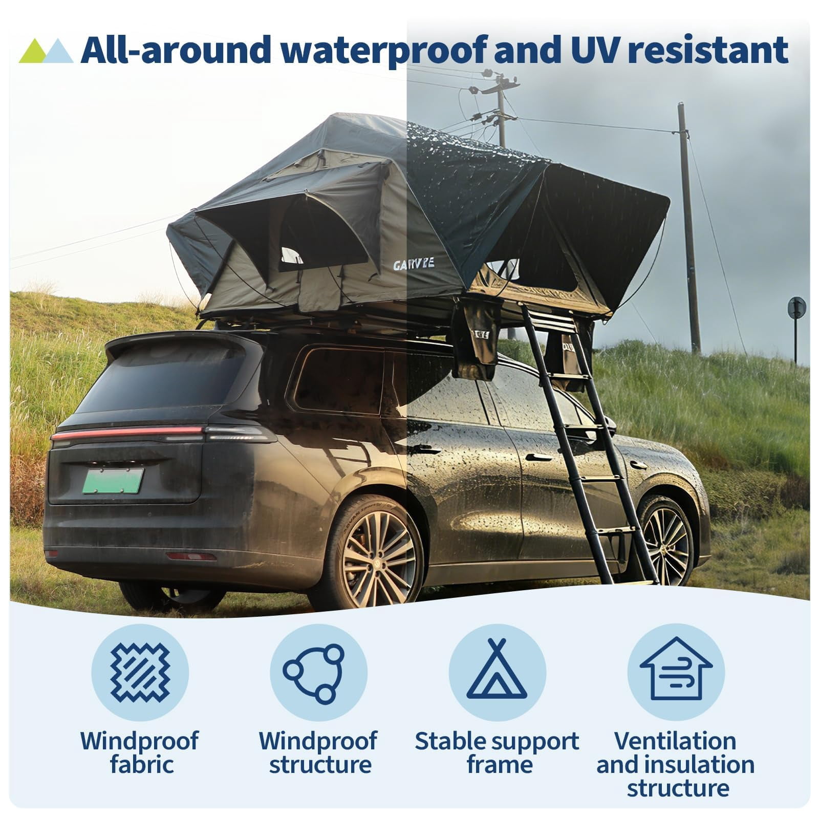 Soft Shell Roof Top Tent for SUV, Truck, Van and Trailer,  & LED Light, Waterproof UV Resistant 4-Season Design for 2-3 Person Camping on Truck, SUV, Van, Trailer
