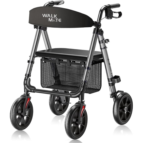 WALK MATE Rollator Walker for Seniors, 10 Inch Big Wheels, Reinforced Aluminum Frame 350lb Weight Capacity, Foldable All Terrain Rolling Walker with Seat, Lightweight Adjustable Height, Grey
