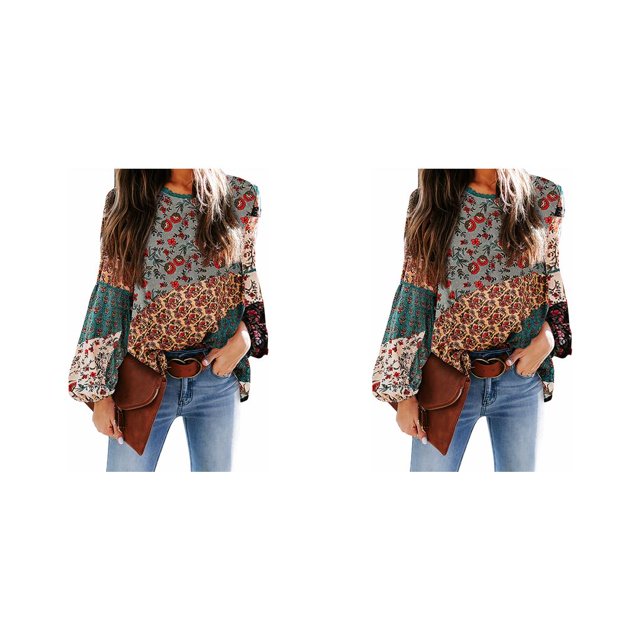 sweethay Camisa de poliéster para mujer, blusa Bohemia plisada de cuello de verano para interiores y exteriores, salidas diarias, camisas para Verde S 2Conjunto