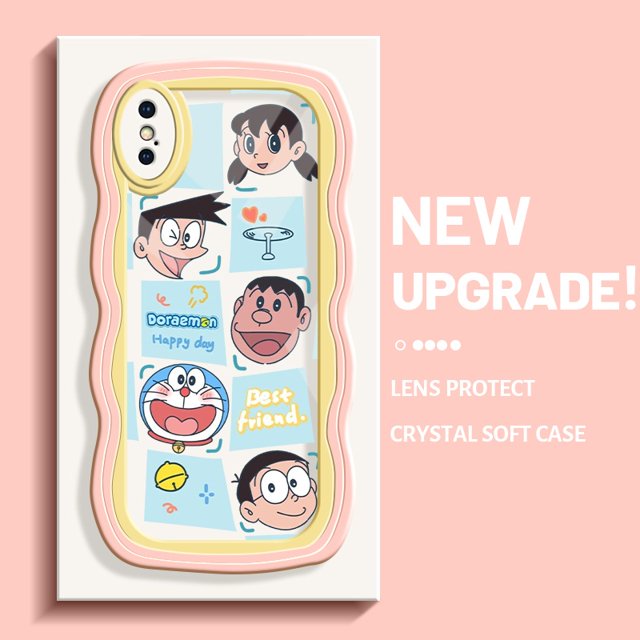 Funda de teléfono para iPhone X Xs Xr Xs Max carcasa protectora de silicona transparente casos de cámara hp Doraemon patrón feliz funda a prueba de golpes funda colorida borde de onda cubierta trasera