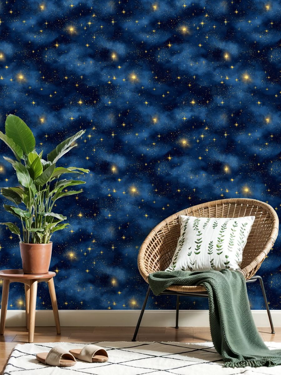 Peel and Stick Wallpaper Starry Night Sky Glowing Golden Stars Blue Nebula Clouds Wall Mural 17.7in x 9.8ft Self Adhesive Removable Wall Paper Renter Friendly Wallpaper for Nursery Bedroom