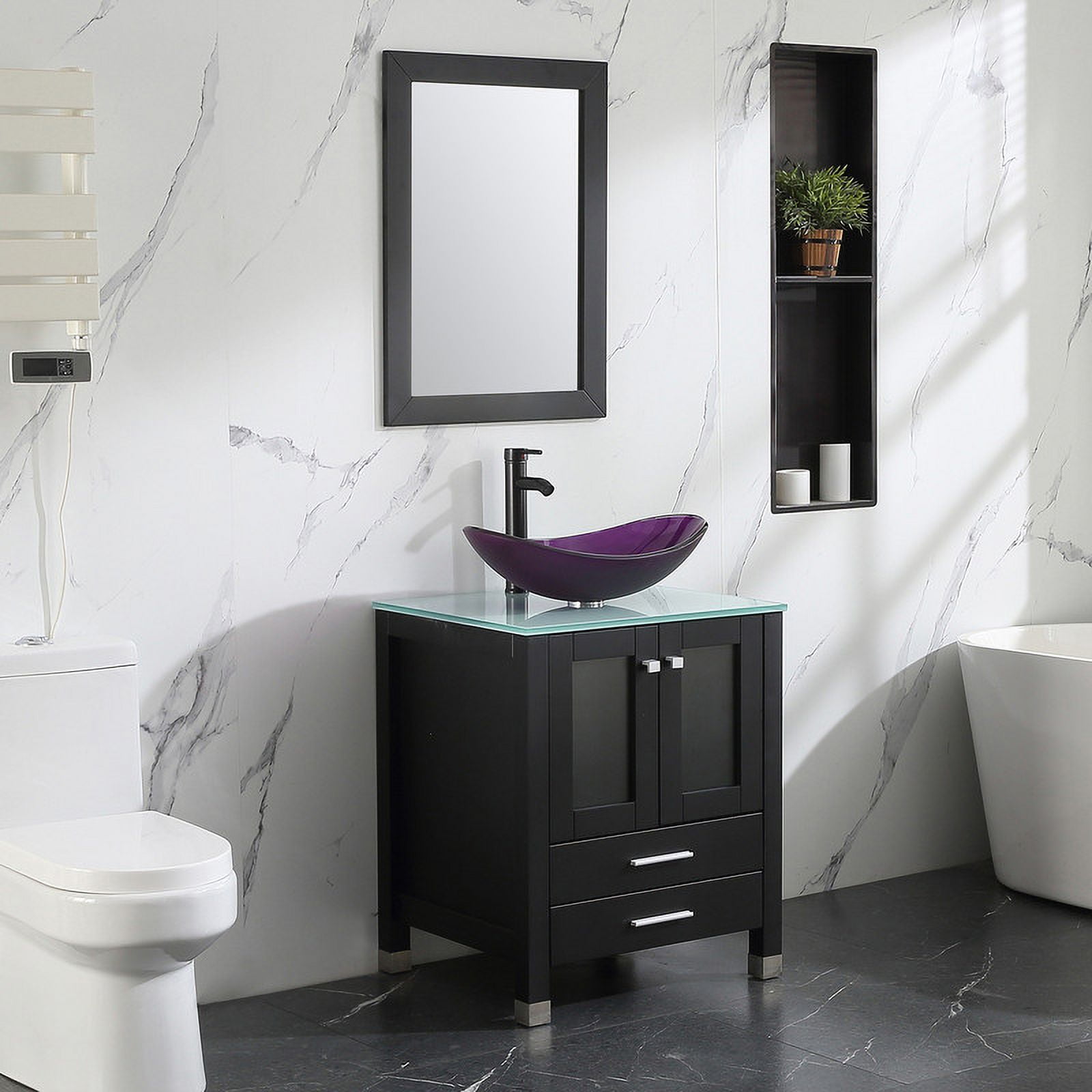Walsport 24" Luxurious Bathroom Vanity with Purple Tempered Glass Vessel Sink Bowl and Countertop and Mirror and Faucet,Stand Floor Cabinet Bathroom Storage Vanity with Pop Up Drain,Black