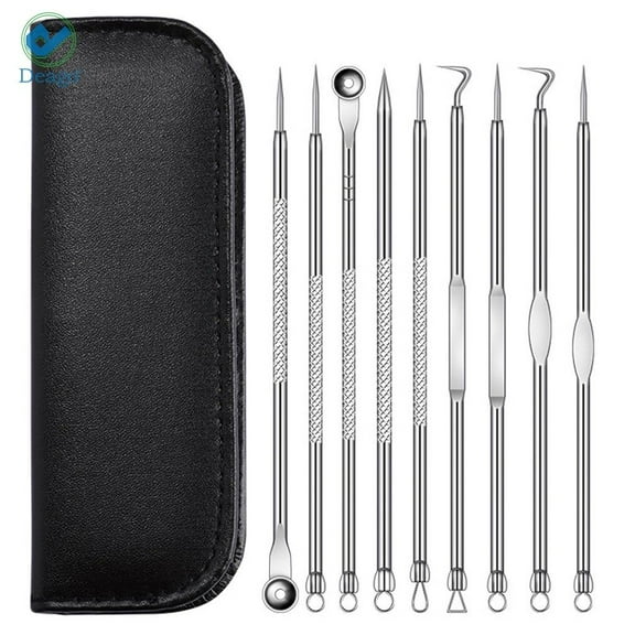 Deago 9 PCS Blackhead Remover Comedones Extractor Acne Removal Kit for Blemish, Whitehead Popping, Zit Removing for Nose Face Tools with a Leather bag