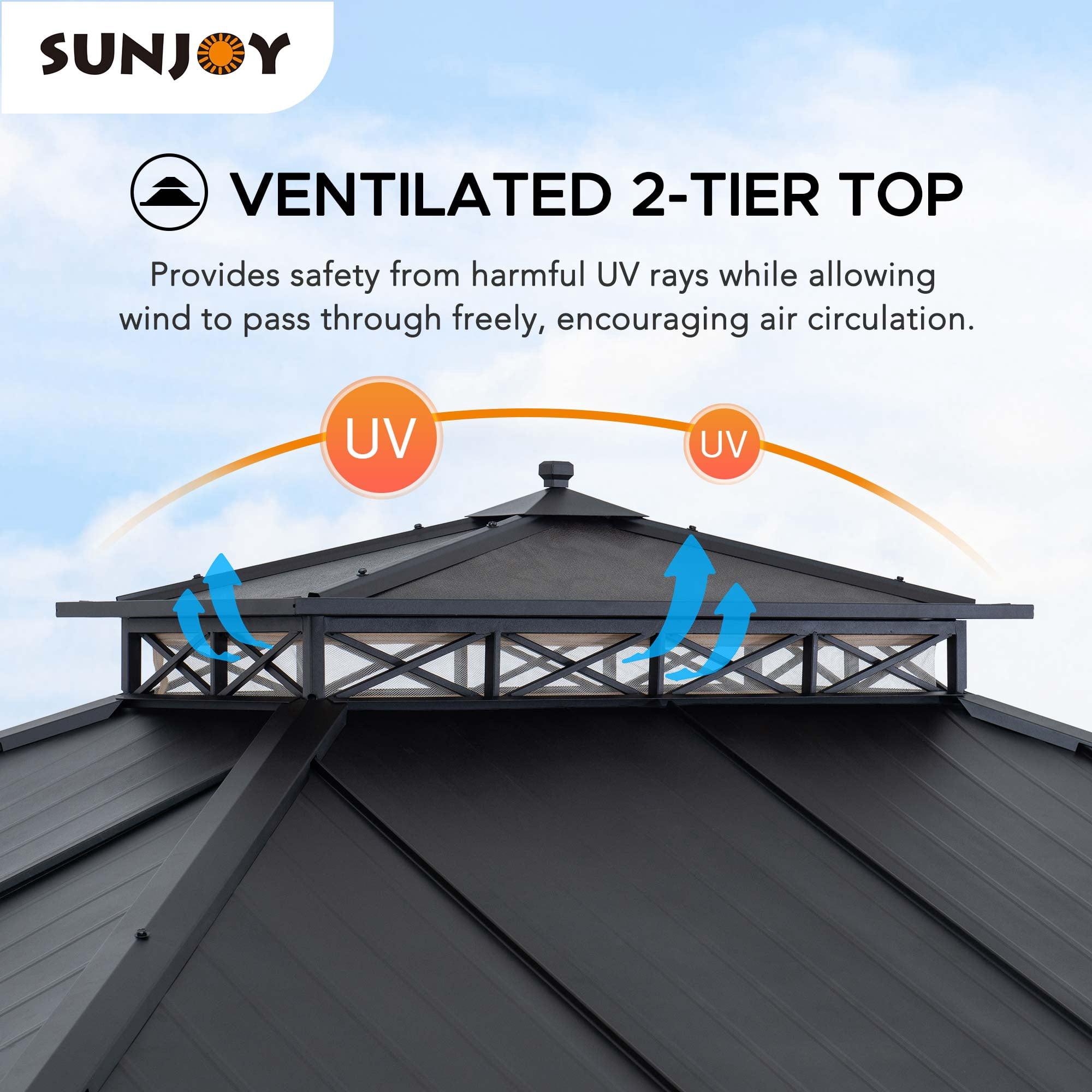 Sunjoy 11 x 13 ft. Crown Lattice Hardtop Patio Gazebo with 2-Tier Metal Roof & Mesh Netting, Matte Black Steel